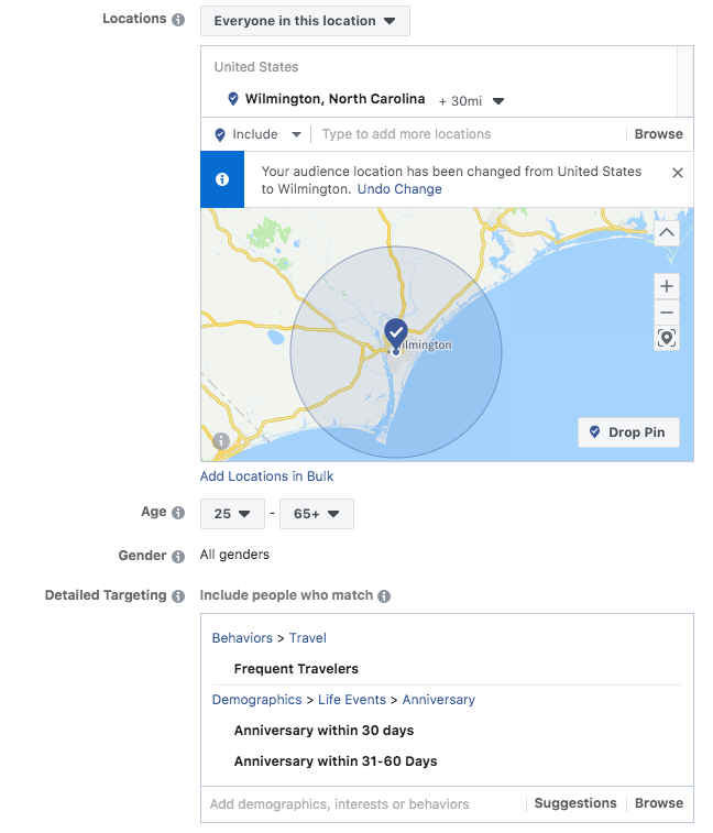 screenshot of facebook ad targeting for hotels