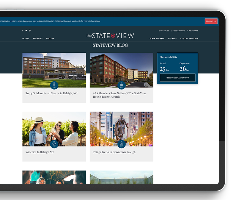 Close-up screenshot of the StateView Hotel blog on tablet