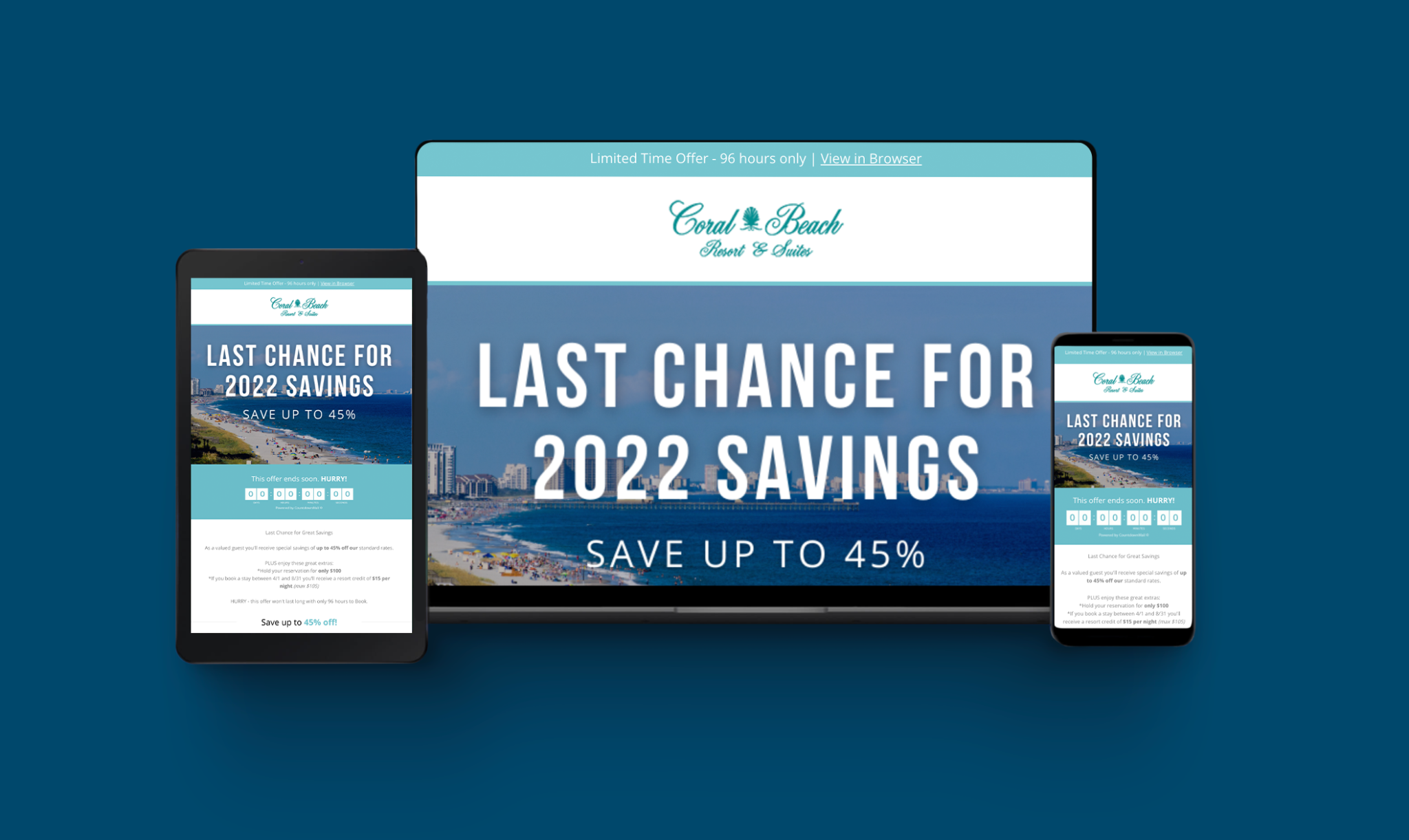 Coral Beach Resort marketing email screenshots on various device types