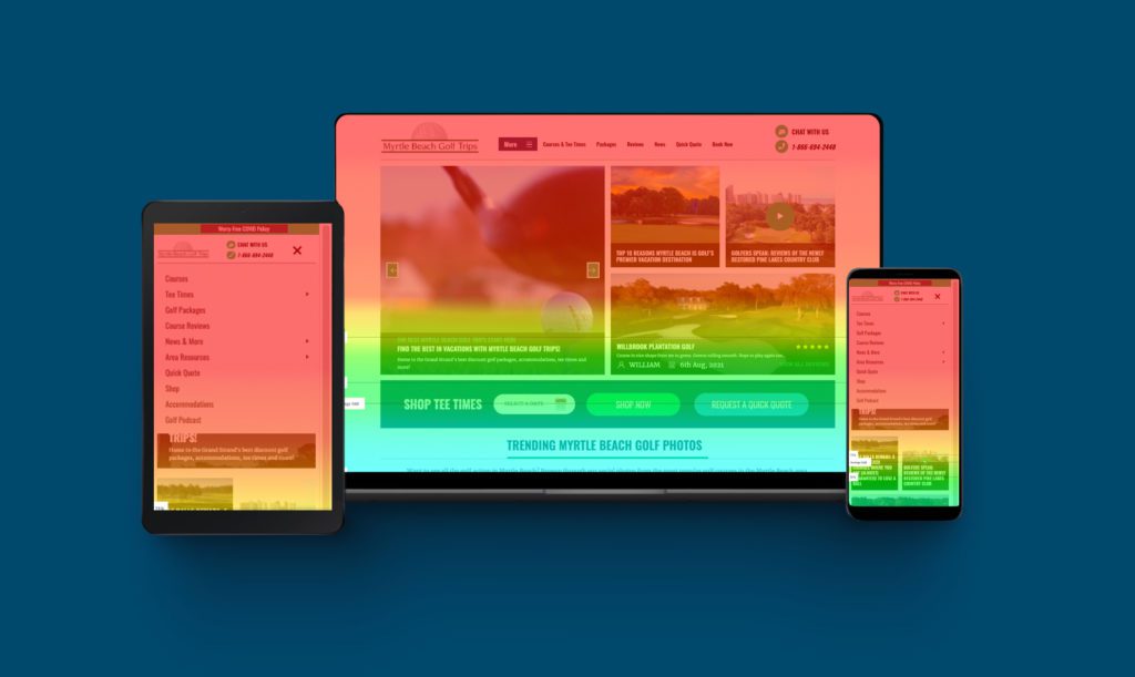 Myrtle Beach Golf Trips homepages across device types with heat map overlay