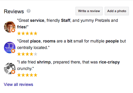 Guest reviews on a google business profile.