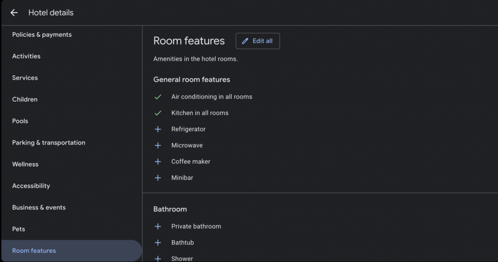 Google Business Profile features settings for hotels.