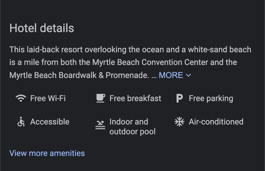 Hotel details section on Google Business Profile.