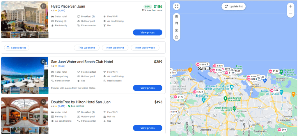 Google Travel hotel pricing comparison.