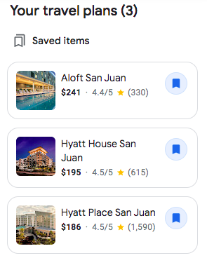 Google Travel bookmarked items.