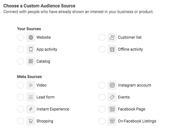 Facebook ads custom audience options
