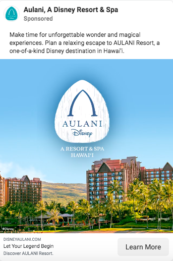 Aulani Disney Resort & Spa Facebook website traffic ad.