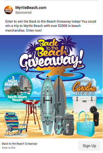 MyrtleBeach.com Facebook lead ad promoting a giveaway.