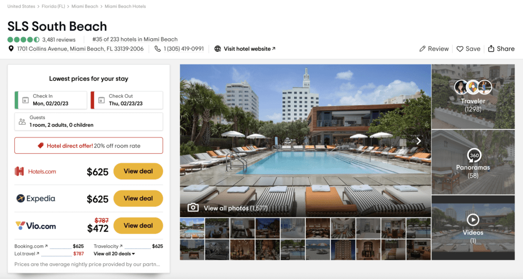 Tripadvisor hotel listing for SLS South Beach.