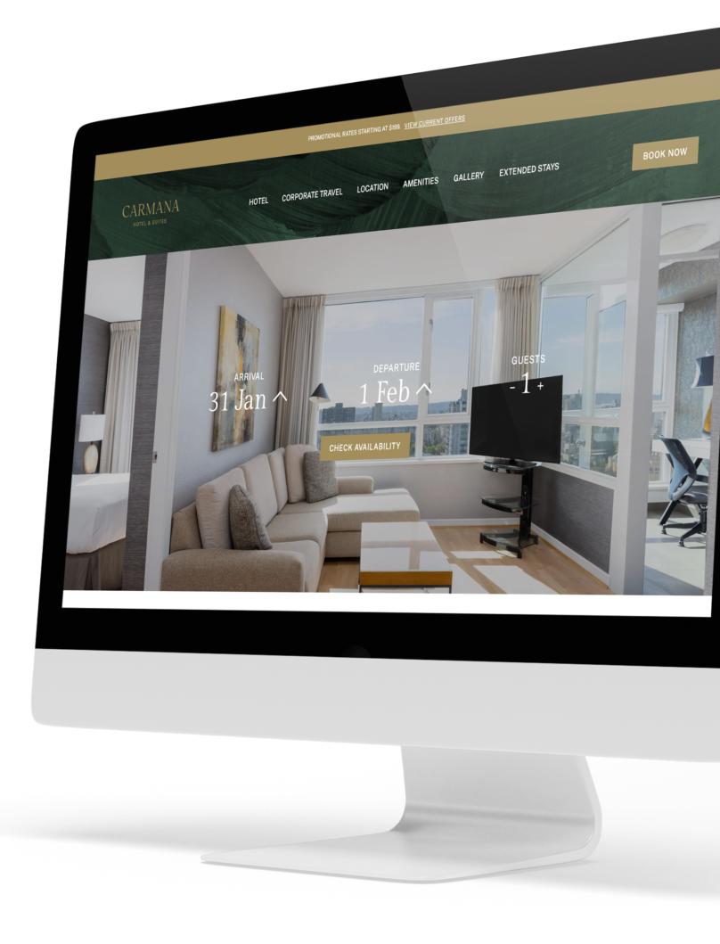 An image of a desktop featuring Carmana Hotel & Suites website