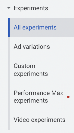 Google Ads Experiments toolbar.