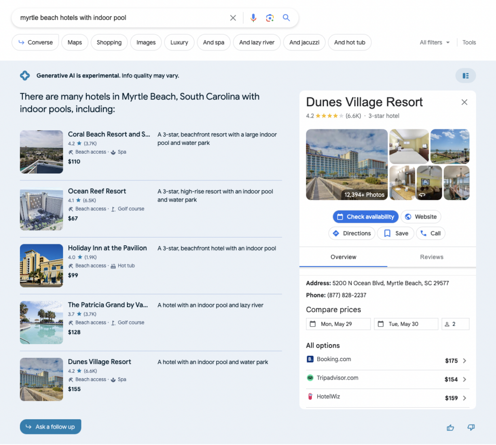 Google SGE hotel 5-pack with hotel business profile.
