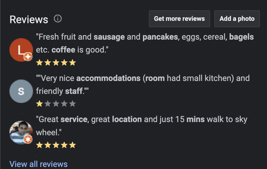 Reviews section on a Google Business Profile for hotels.