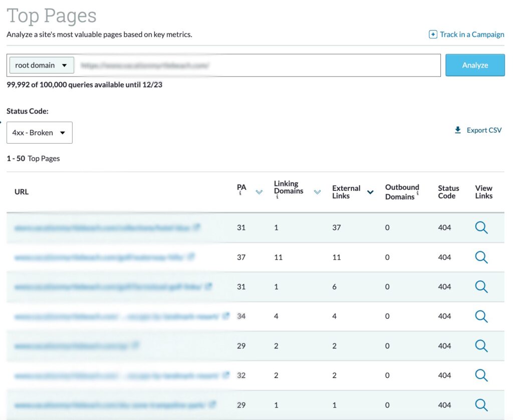 Moz Top Pages report for link building.