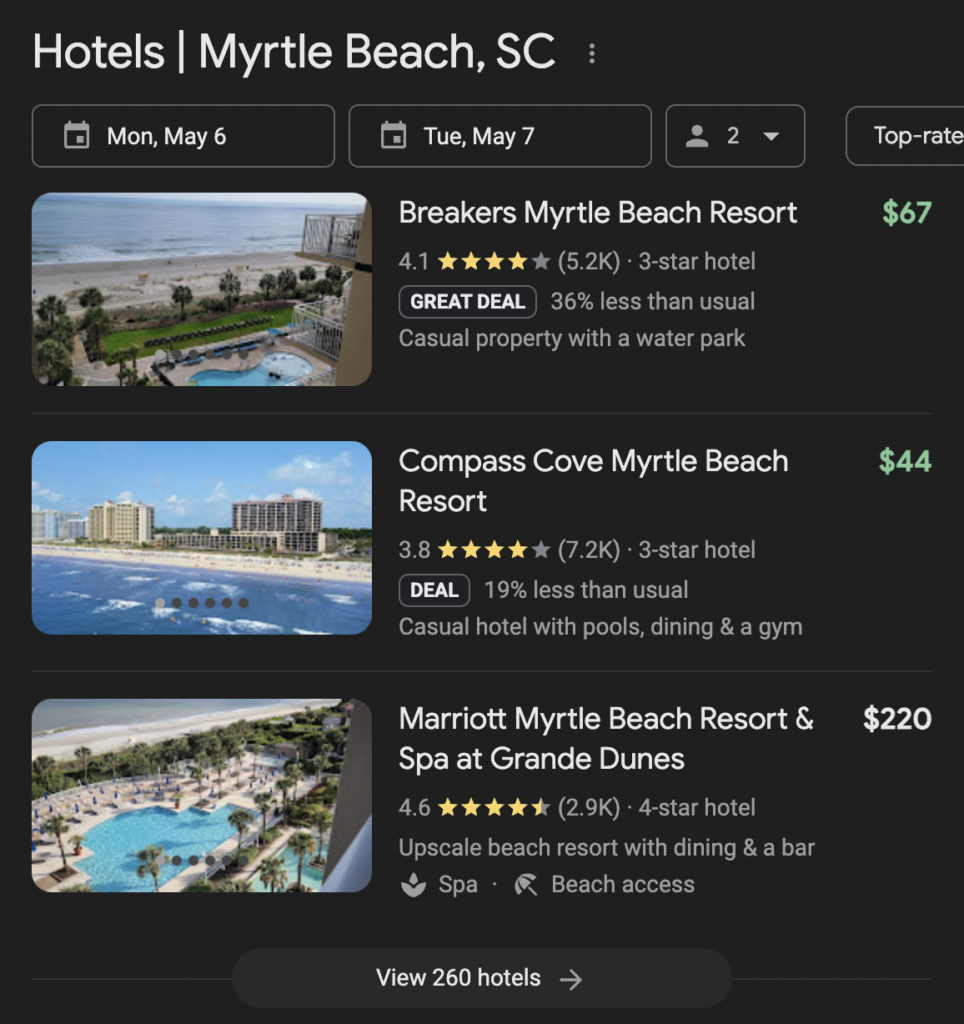 Local map pack for a hotel search that includes Google Hotel Ads pricing.