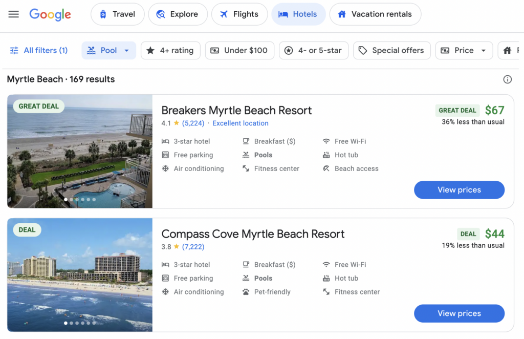 Google Travel results with Google Hotel Ads pricing.
